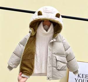 Veste matelassée à capuche avec oreilles d'ours pour enfants, manteau d'hiver épais doublé de polaire pour tout-petits garçons et filles, vêtements d'extérieur chauds de couleur unie - Product Image 6