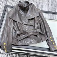 Veste en cuir véritable pour femme, boutons dorés, ceinture à nœud, courte, grise, style motard, streetwear