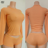 Setelan Loungewear 2-Potong Wanita Desain Y2K Ramah Lingkungan Bahan Katun Bernapas Atasan Lengan Panjang Bergaris Celana Pendek Ketat Kasual Selutut