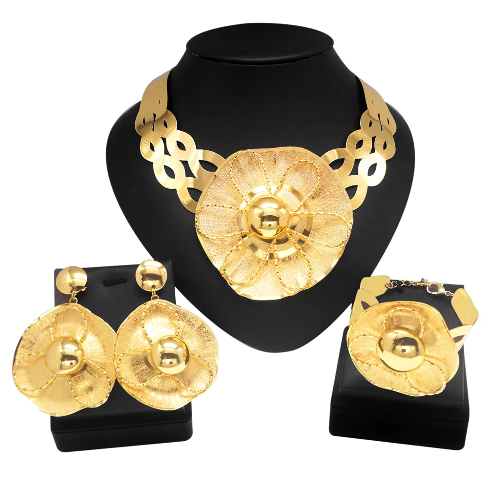 Yulaili Fashion Jewelry Set Brazilian Gold Plated Necklace Ring Earrings Bracelet Wholesale Wedding Party Costume Accessories