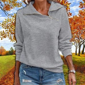 Nouveau design Automne/Hiver Style Femme Sweat-shirt à col montant double couche à manches longues avec impression en relief et fermeture éclair diagonale - Product Image 2