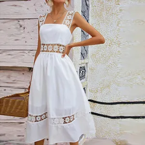 فستان نسائي بتصميم مخصص ذو علامة تجارية فاخرة للبيع بالجملة فستان أبيض مطرز بسوستة من الخلف ذو خصر عالٍ بتصميم بوهو