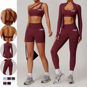 Ensemble 4 pièces de vêtements de yoga pour femmes avec logo personnalisé : soutien-gorge dos nu, veste zippée, short cycliste, tenue de sport formelle respirante et à séchage rapide - Product Image 1