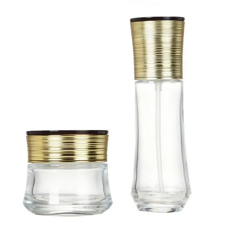 Kwaliteit Luxe Gouden Draad Geborsteld Trekdop Cosmetische Pomp Clear Body Glazen Flacon