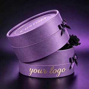 Custom Round Purple <b>Gift</b> Box With Black Roses Gold Foil Logo And Purple <b>Bow</b> For Flower Packaging - Product Image 3