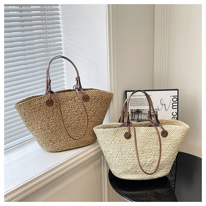 <b>Straw</b> Bohemian Tote <b>Bag</b> Two Handles Open Closure Summer Women's Shoulder <b>Bag</b> Natural Color Woven Design - Product Image 1