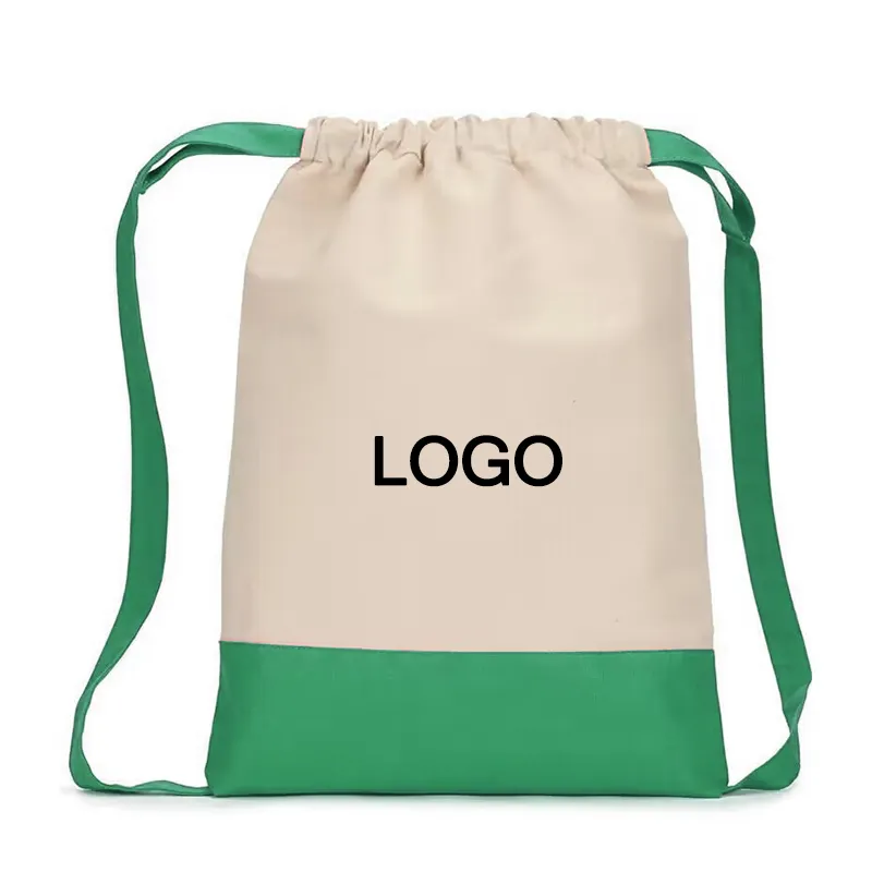 Tas punggung tali serut kuat kanvas kustom untuk perjalanan hadiah olahraga tas punggung tali serut katun kanvas dengan Logo