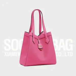 Soochic Dress High Quality OEM Custom Metal Logo Pink Leather Tote Bag With Magnetic Pocket Closure For Women Ladies