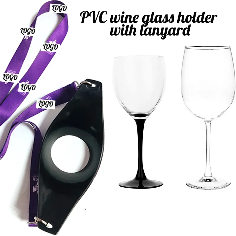 Manufacturer Custom Logo Goblet Holder Hang Rope PVC Wine Glass Holder With Lanyard Heat Transfer Printed