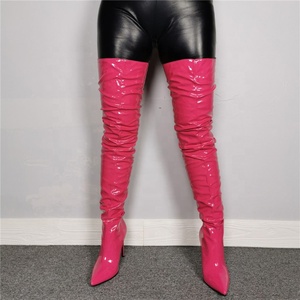 Bottes hautes sexy en cuir verni couleur bonbon avec fermeture éclair arrière pour femme, talon aiguille, bout pointu, bottes longues jusqu'au cuisse, grandes tailles - Product Image 2