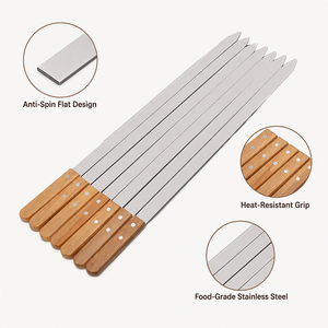 Brochettes plates en métal, brochettes en acier inoxydable pour barbecue avec manche en bois pour griller viande, légumes, shish kebab - Product Image 3