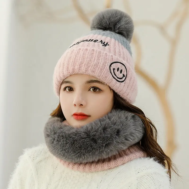 Ladies Winter Warm Knitted Plus Velvet Women Winter Beanie Hat With Pom Pom Hat And Scarf Set