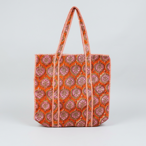 Bolso Tote de Algodón Bordado Estilo Bohemio, Diseño Panelado Naranja y Rosa, Abierto por Arriba, Para Compras en Todas las Estaciones - Product Image 1