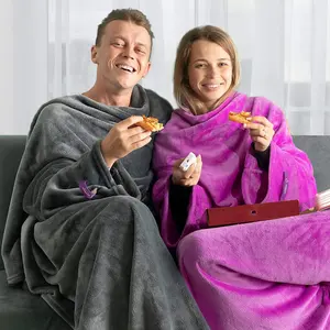 Manta de franela suave y acogedora para hombres y mujeres, manta de tela polar para TV, usable, con mangas, precio barato, sublimación