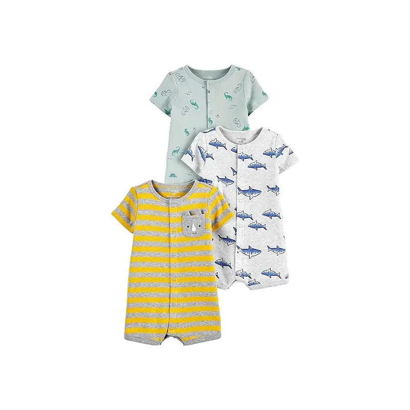 Wholesale Baby Kids Clothing 3pc Set Short Sleeve Striped Romper Crotched Snap Clothes With Pocket Baby Jumpsuit