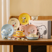 Service de table en céramique Snoopy, 4 pièces, pour 1 personne, comprenant bol, assiette, tasse, cuillère, avec boîte cadeau, vaisselle mignonne
