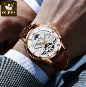 Reloj Olevs 6652 de Lujo, Marca de Primera Calidad, Resistente al Agua, Correa de Cuero Marrón, Deportivo, Reloj Mecánico para Hombre - Product Image 2