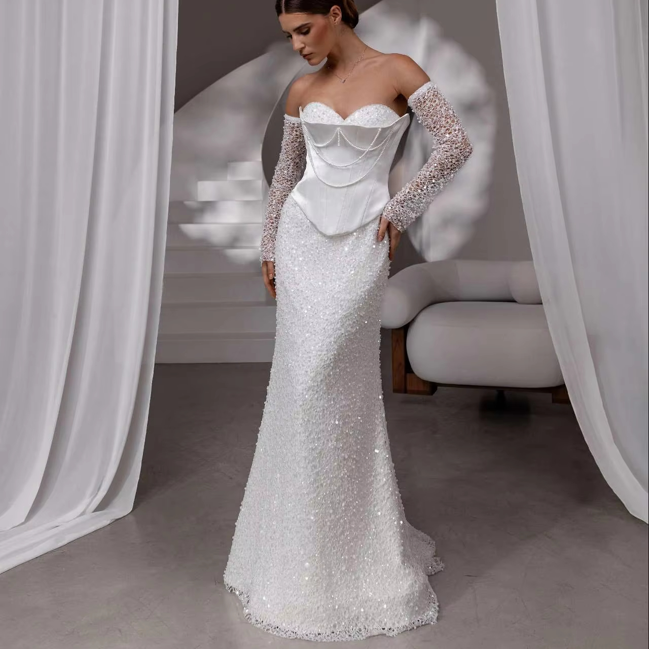 chinese dress ladies Jewel Strapless Satin Lace Lace-Up Corset Back Wedding Dress, Diamond White / 8 main image 0