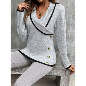 Cardigan blanc à col en V, boutonné devant, à manches longues, en tricot, vêtements décontractés pour femmes - Product Image 5