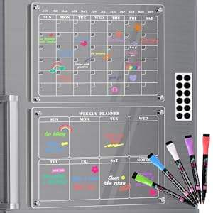 Calendrier magnétique en acrylique pour réfrigérateur, mensuel et <span class=keywords><strong>hebdomadaire</strong></span>, lot de 2, pour mur, tableau blanc effaçable à sec réutilisable - Product Image 2