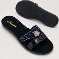 Sandales plates pour femmes avec strass, motif serpent et fleurs, été, bout ouvert, vente en gros, MOQ 1800