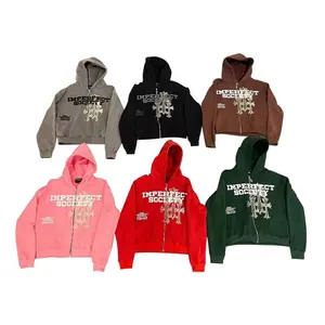 Vente en Gros Logo Personnalisé Premium 100% Coton 3D Broderie Impression Surdimensionné Goutte D'épaule Zip Hoodies Hommes