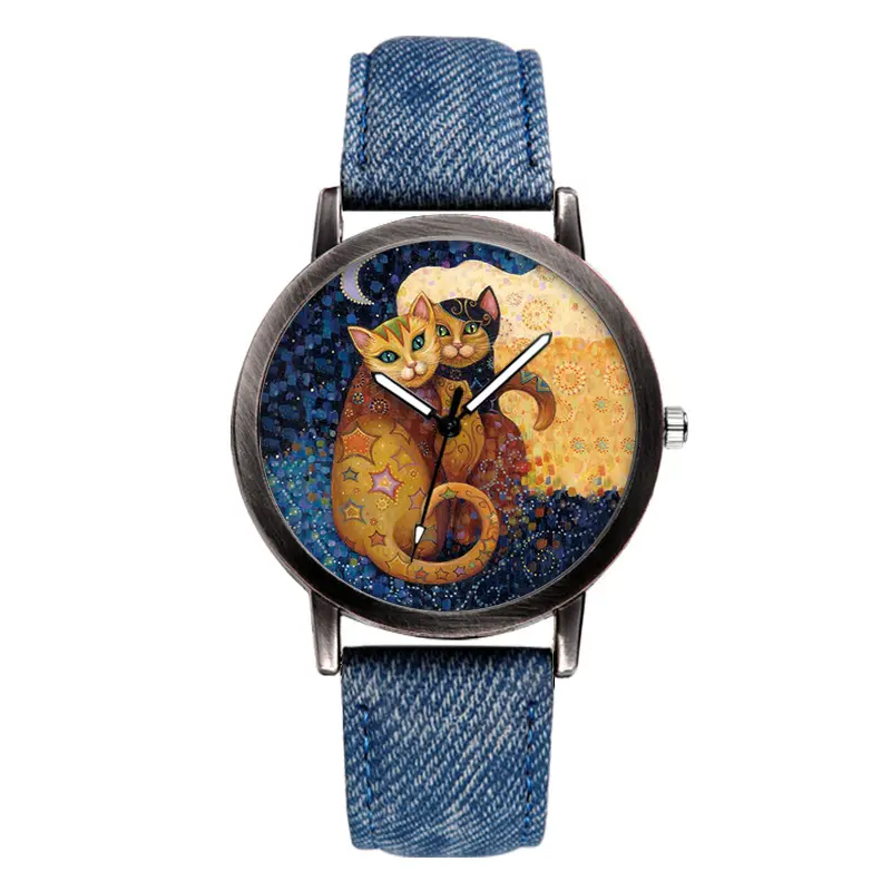 Fashion Casual Womens Mens Quartz Wristwatches Blue Denim Rome Literal Bronze Lovely Cat Design Cowboy Watches for Girls