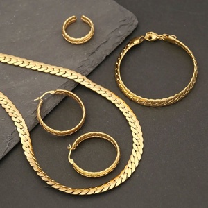 Parures de bijoux fantaisie personnalisées en acier inoxydable plaqué or 18 carats, collier chaîne cubaine plate et boucles d'oreilles pour mariage, fête, fiançailles - Product Image 4