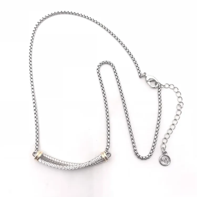 Nhà Máy Giá Bạc Trang Sức Dây Chuyền 2 Tone Cable/Cubic Zirconia Bar Thép Không Gỉ Trang Sức Vòng Cổ Để Bán