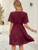 Robe bordeaux à manches volantées et col en V avec ceinture pour femme, style décontracté et élégant