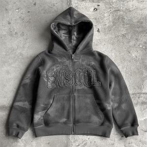 ES 사용자 정의 빈티지 특대 고민 씻어 자수 패치 와플 원단 100% 면 코모 인쇄 지퍼 후드 남성 가을 - Product Image 1