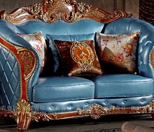 Mobilier de luxe européen grand plat en bois massif sculpté combinaison de canapés en cuir pour le salon de la villa hall de l'hôtel - Product Image 1