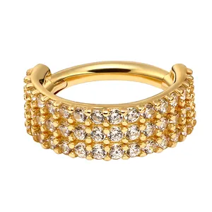 Piercing Stories 14K Solid Gold Triple Line pavimentato CZ Segment Clicker orecchini ad anello incernierati con naso in oro 18 carati Bodi Pierc Jewelry