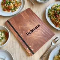 Porte-menu en bois personnalisé avec couverture, fixé sur une sangle en cuir, support gravé, dossier de restaurant, livre