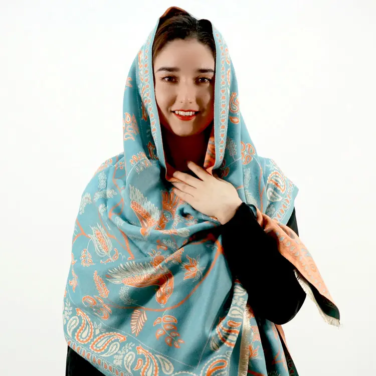 ผ้าคลุมไหล่ผ้าแคชเมียร์ยาวพิมพ์ลายพื้นเมืองสำหรับผู้หญิงมุสลิมฤดูหนาว