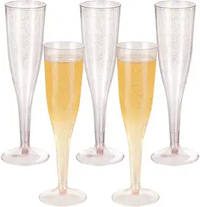 一次性金圈玫瑰金闪光银闪光香槟长笛透明塑料酒杯婚礼派对杯