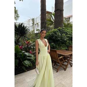 Robe unie avec détail boutons jaunes, fermeture éclair décorative, taille XS-XL, en Spandex, longueur ras du sol, col carré, pour soirée, avec doublure, sur commande - Product Image 2