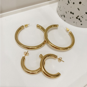 Boucles d'oreilles créoles plaqué or cerceaux pour femmes hypoallergénique Non terni haute poli gros ouvert épais 30/50MM sac Opp à la mode E001 - Product Image 5