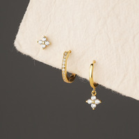 Ensemble de 3 pièces en argent sterling S925 français trèfle à quatre feuilles en or exquis petit clou Zircon boucles d'oreilles créoles fines pour femmes