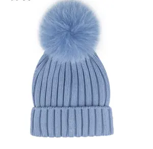 Зимние женские Южная Корея Новый синий чистый цвет вязаная шапка шар теплый мех лисы мяч