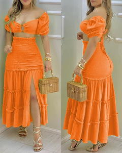 Chaude nouvelle mode douce couleur unie à manches courtes couleur correspondant imprimé longue jupe costume Wome deux pièces ensemble plissé longue robe - Product Image 4