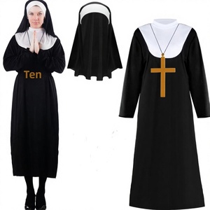 Costume d'Halloween pour femme, tenue de nonne traditionnelle pour adulte, robe noire de sœur, costumes religieux, étole d'église et robes de chœur - Product Image 1