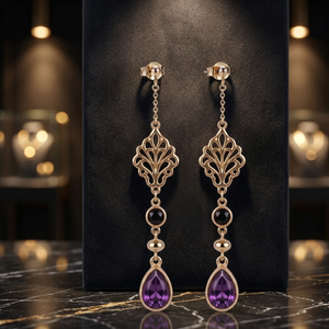 Boucles d'oreilles pendantes plaquées or avec pierre précieuse en forme de poire violette, serties de filigrane, pour femme, idéales pour les fêtes et mariages - Product Image 3