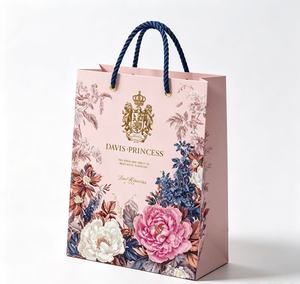 Vintage Printed Floral <b>Bags</b> with Navy Blue Rope Handles Metal Eyelet Thick Paper Hand <b>Bag</b> for Festival Birthday Wedding Gifts - Product Image 1