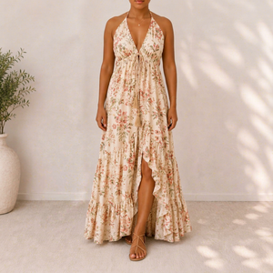 Robe longue décontractée pour femme, imprimé floral, respirante, col halter en V, à volants, fendue, sans manches, tissée, taille naturelle, printemps automne - Product Image 1
