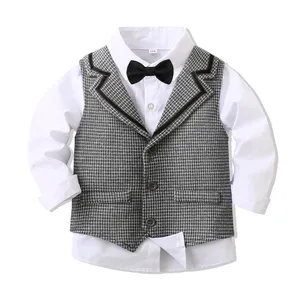 Hot Sale Kinder Pak Baby Button-Up Shirt En Grijze Broek Set Formele Peuter Jongens Pakken Verjaardagsfeestje Kleding