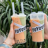 Gobelet en plastique jetable à compartiments 500ml 700ml pour Bubble Tea, avec couvercle et paille, pour les salons de thé au lait - Vente en gros