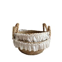 Panier de rangement en paille tressé à la main, style vintage français, avec bordure en dentelle, organiseur de bureau pour cosmétiques et jouets