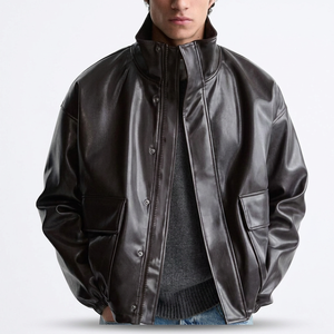 Custom Men'<b>s</b> Fashion Dark Brown Oversized PU Leather <b>Jackets</b> Baggy Buttons And Zipper Closure Bomber Casual Mens <b>Jacket</b> - Product Image 4