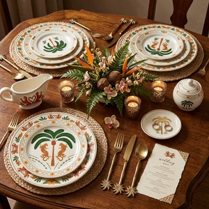 Ensemble de vaisselle en céramique de luxe, motif tigre de la jungle, léopard, palmier tropical, vaisselle en porcelaine rétro, assiette ronde pour salade et dessert - Product Image 4